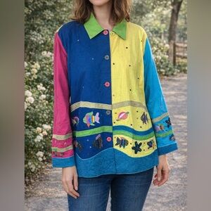 Quacker Factory Colorful Fish Sea Life Embroidered Jacket Teacher Art Cardigan